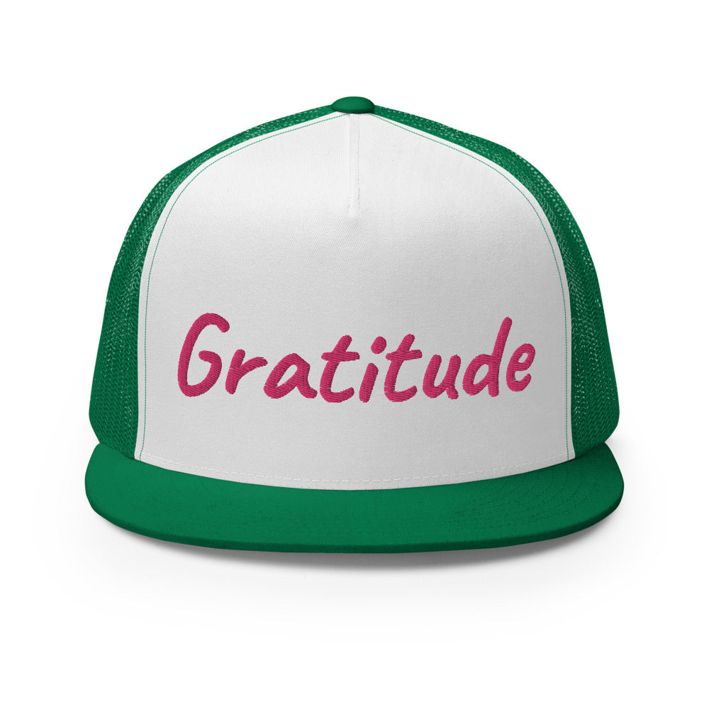 Gratitude In Star Rose Quartz Embroidery on 5 Panel Trucker Cap