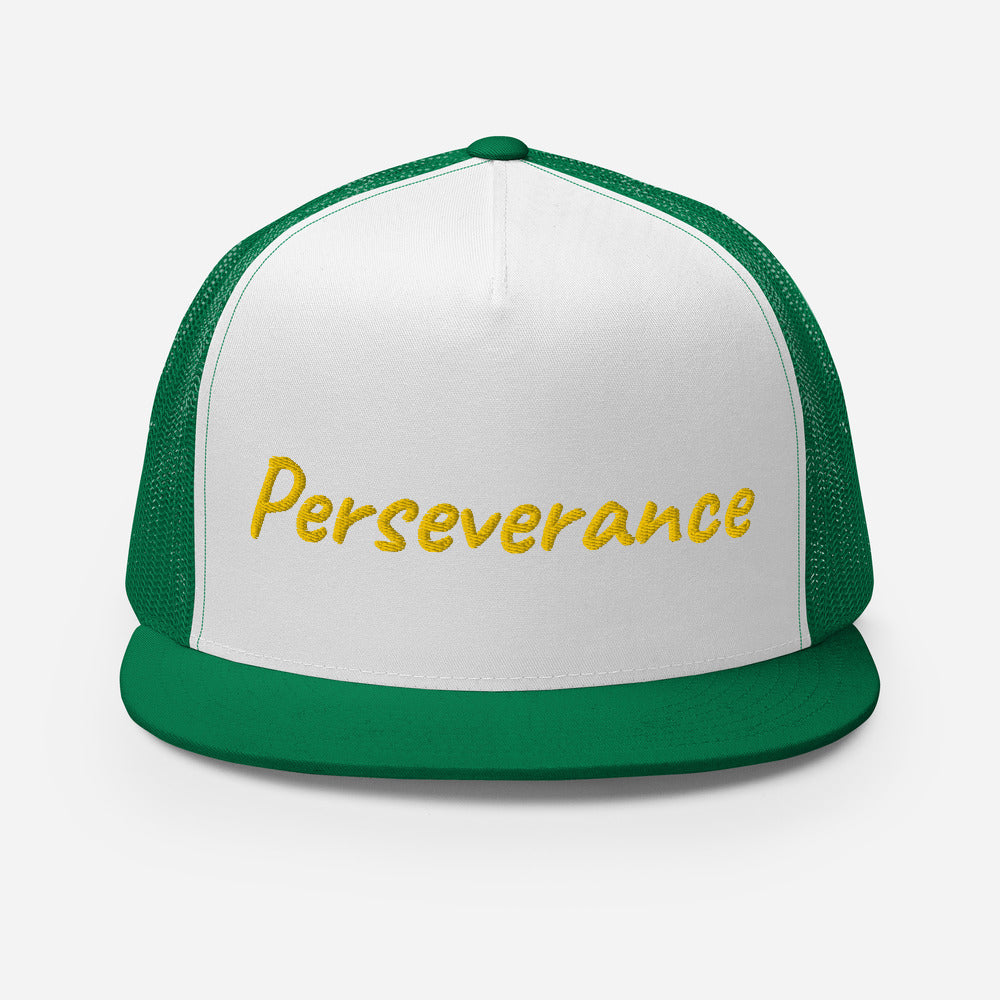 Perseverance In Gold Embroidery on 5 Panel Trucker Cap