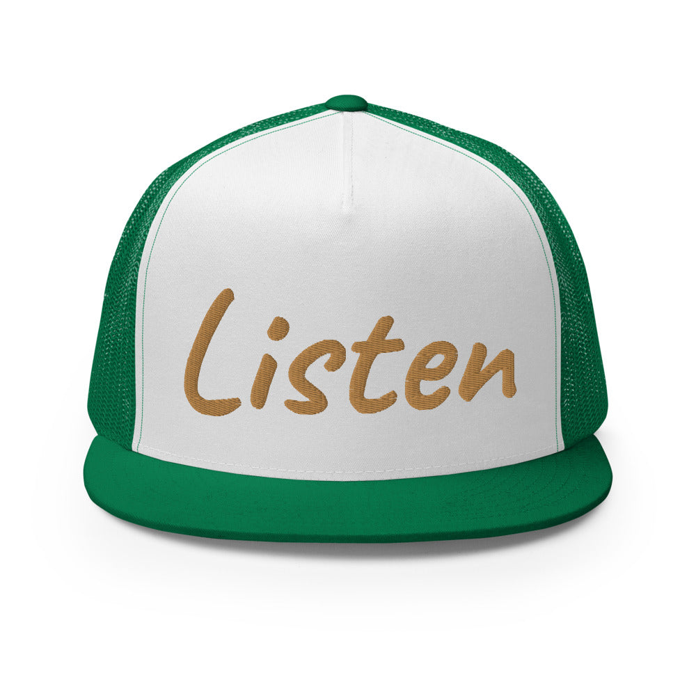 Listen In Copper Embroidery on 5 Panel Trucker Cap