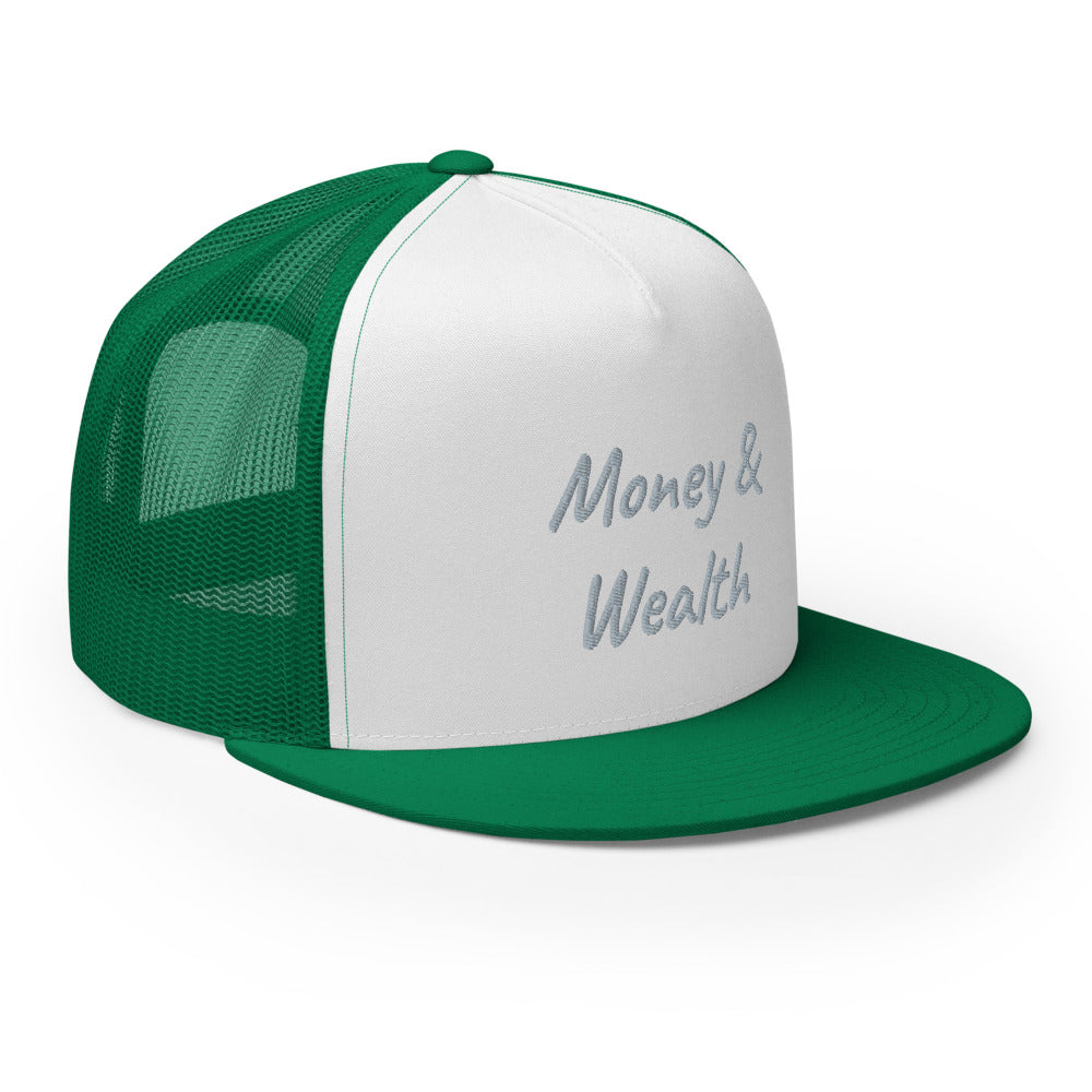 Money & Wealth In Silver Embroidery on 5 Panel Trucker Cap