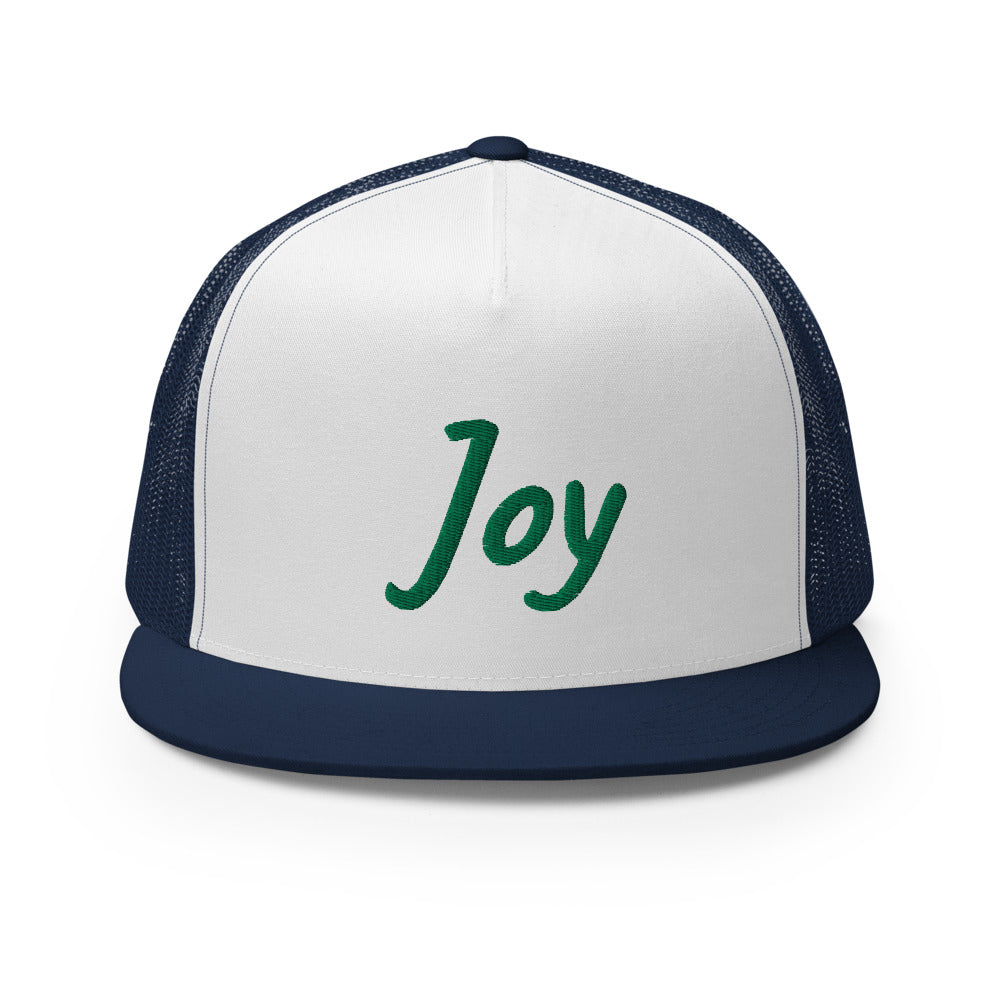 Joy In Emerald Embroidery on 5 Panel Trucker Cap