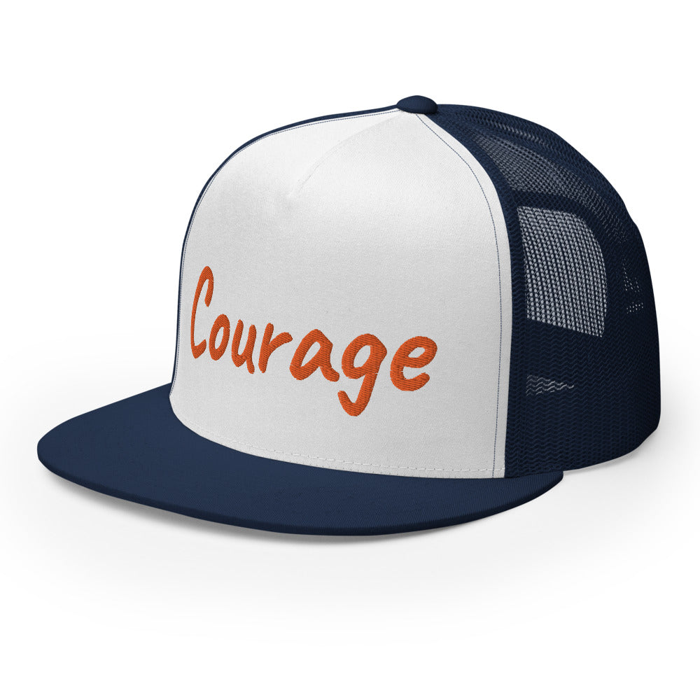 Courage In Amber Embroidery on 5 Panel Trucker Cap