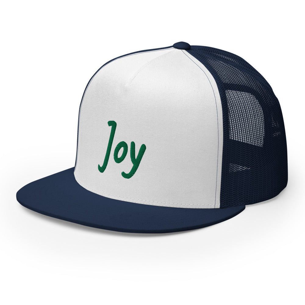 Joy In Emerald Embroidery on 5 Panel Trucker Cap