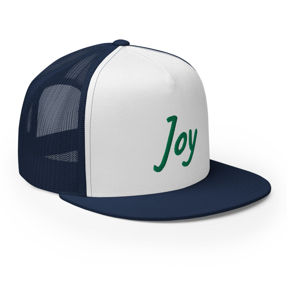 Joy In Emerald Embroidery on 5 Panel Trucker Cap