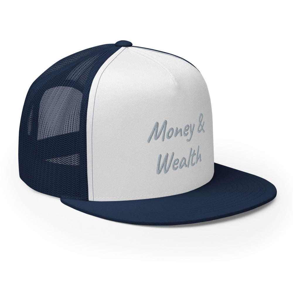 Money & Wealth In Silver Embroidery on 5 Panel Trucker Cap