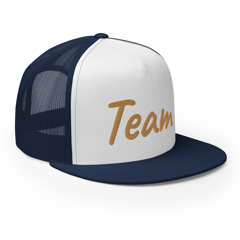 Team In Celluloid Embroidery on 5 Panel Trucker Cap