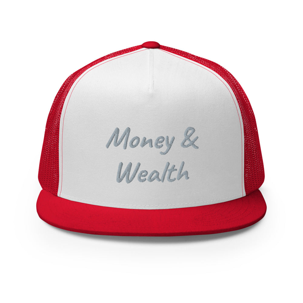 Money & Wealth In Silver Embroidery on 5 Panel Trucker Cap