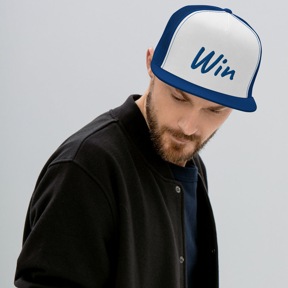 Win In Sapphire Embroidery on 5 Panel Trucker Cap