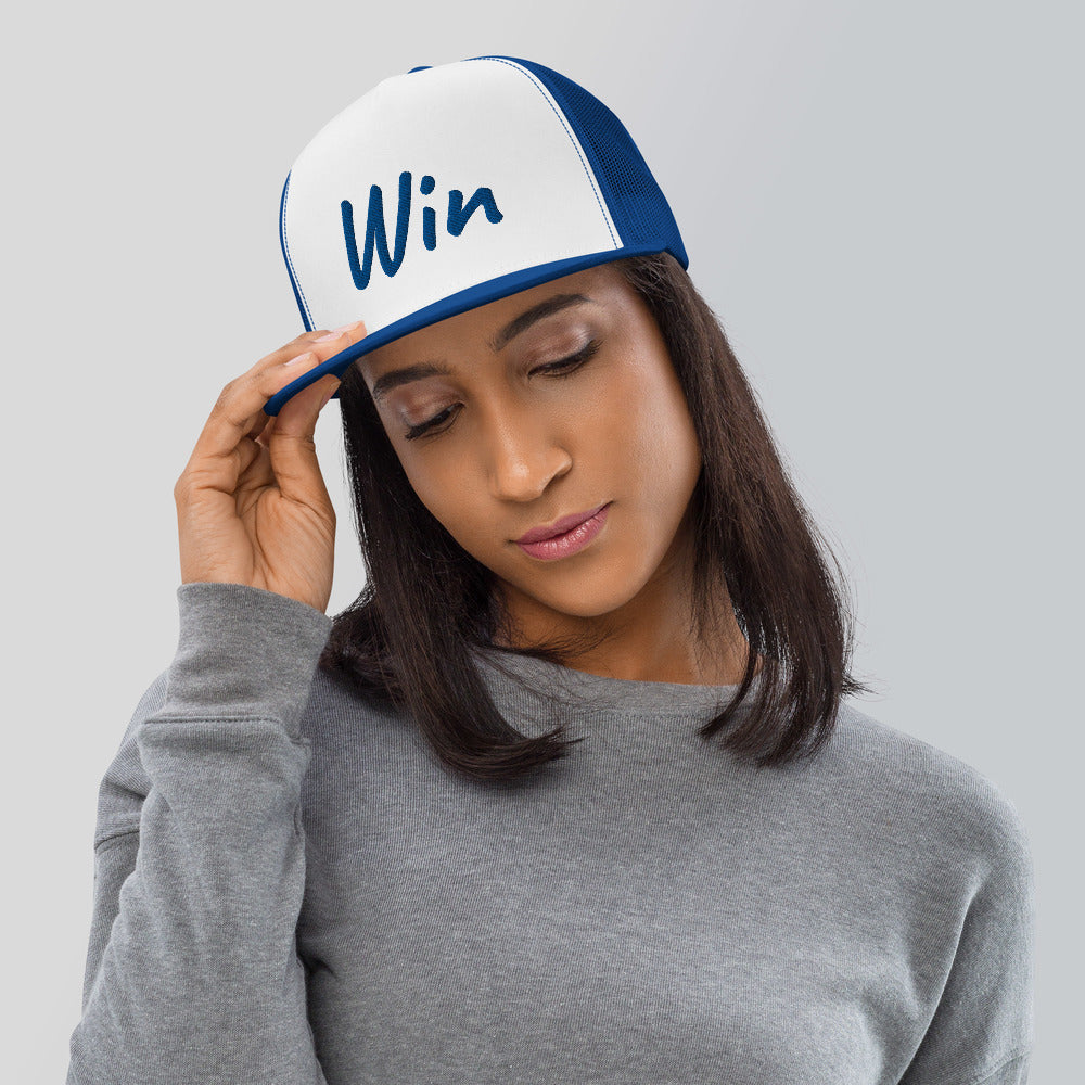 Win In Sapphire Embroidery on 5 Panel Trucker Cap