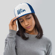 Win In Sapphire Embroidery on 5 Panel Trucker Cap