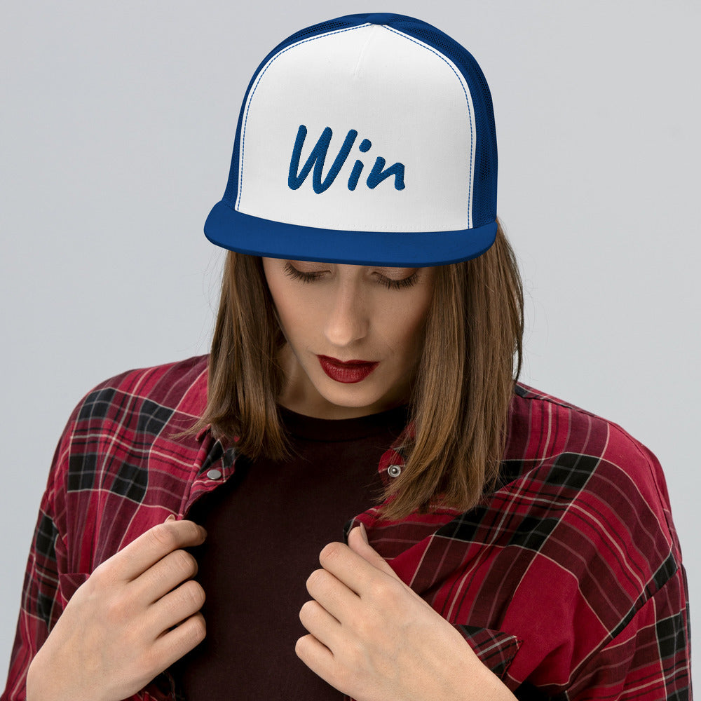 Win In Sapphire Embroidery on 5 Panel Trucker Cap