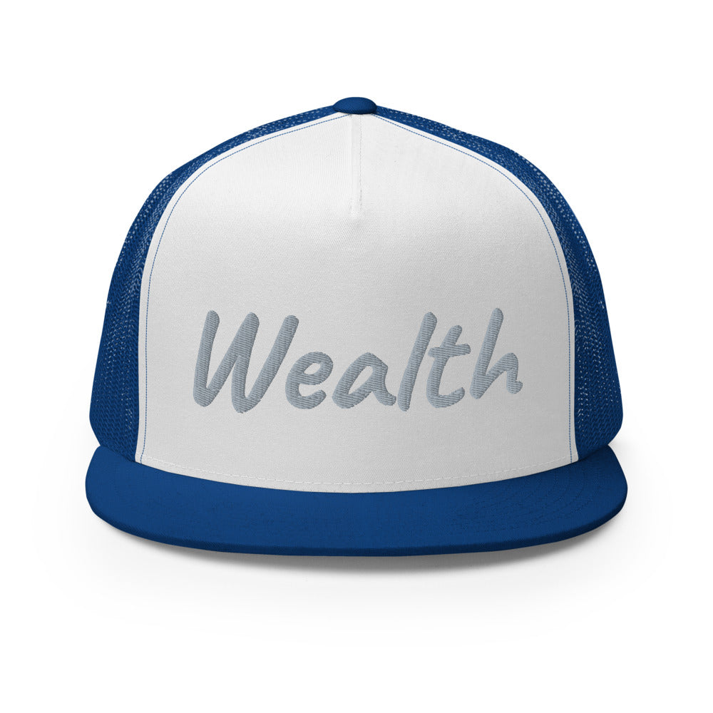 Wealth In Silver Embroidery on 5 Panel Trucker Cap