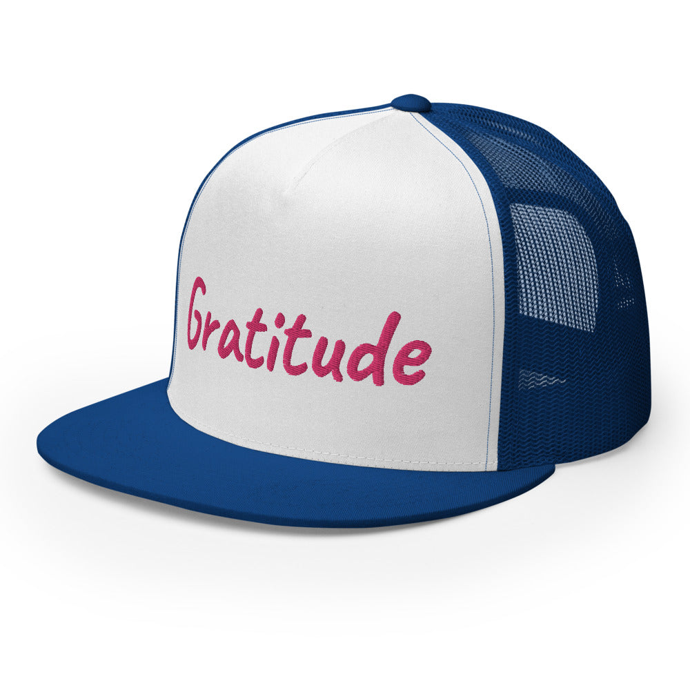 Gratitude In Star Rose Quartz Embroidery on 5 Panel Trucker Cap