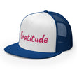 Gratitude In Star Rose Quartz Embroidery on 5 Panel Trucker Cap