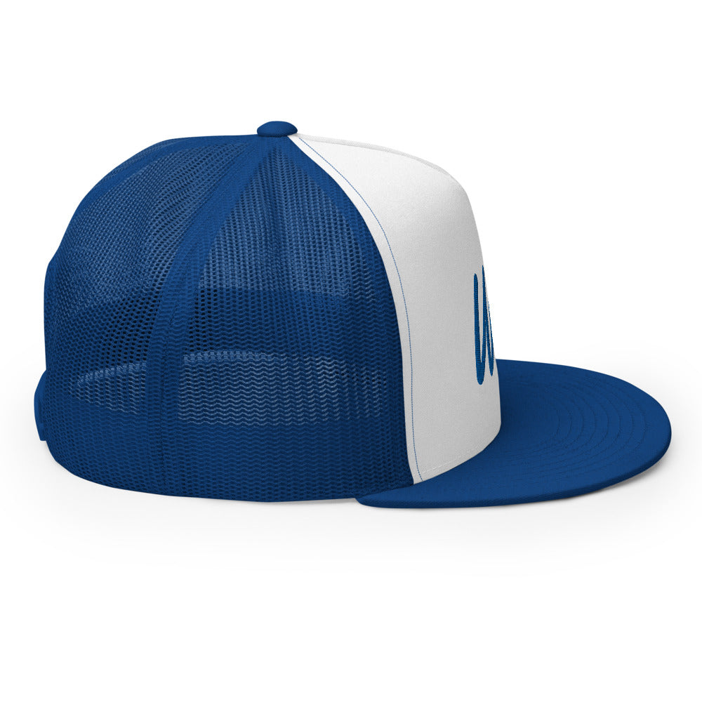 Win In Sapphire Embroidery on 5 Panel Trucker Cap