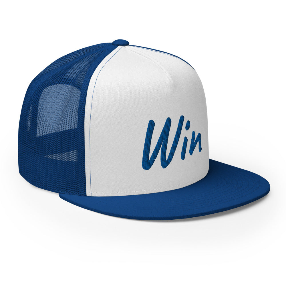 Win In Sapphire Embroidery on 5 Panel Trucker Cap