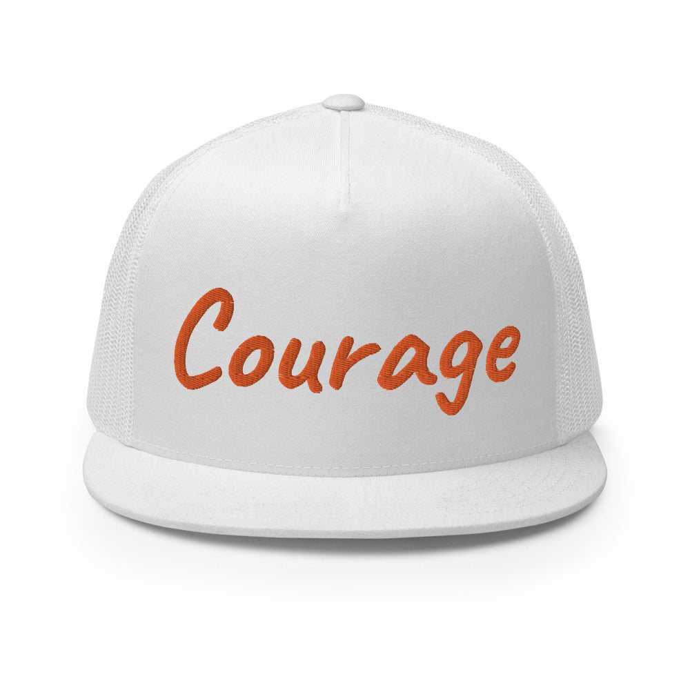 Courage In Amber Embroidery on 5 Panel Trucker Cap