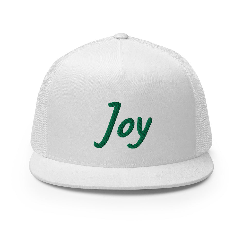 Joy In Emerald Embroidery on 5 Panel Trucker Cap