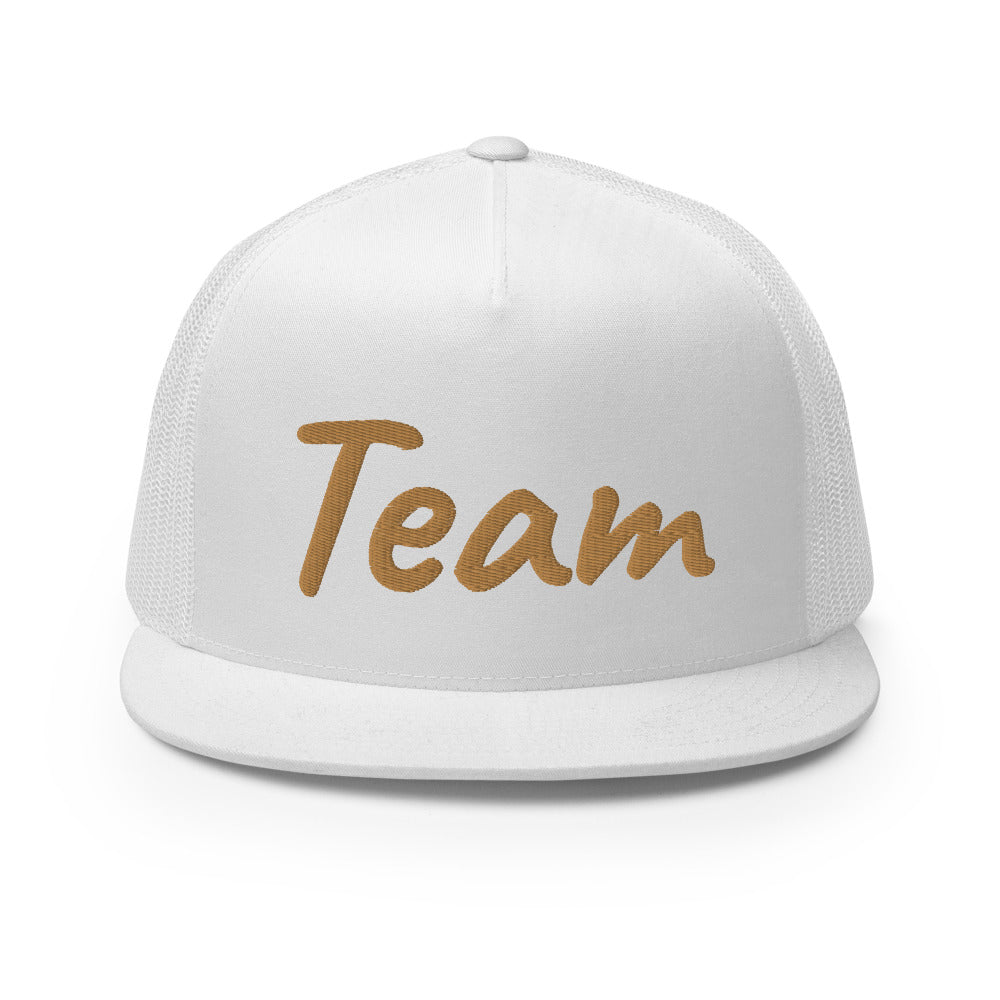 Team In Celluloid Embroidery on 5 Panel Trucker Cap