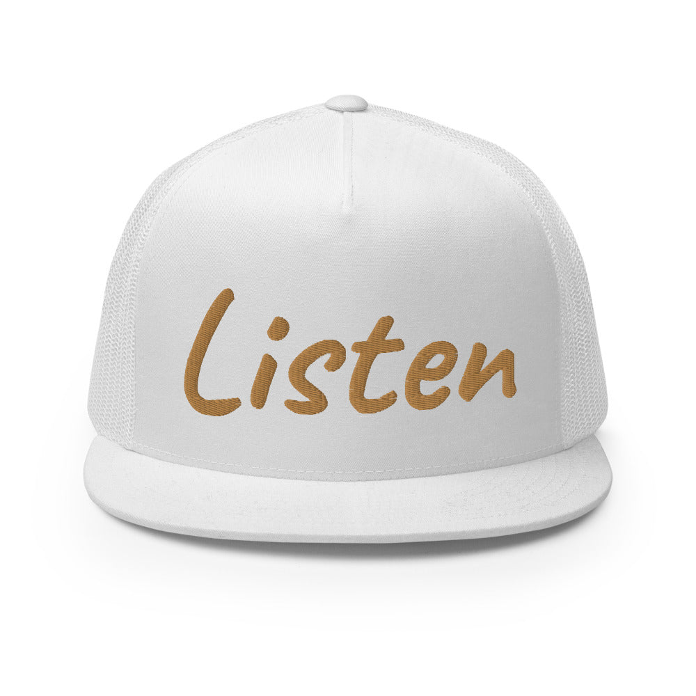 Listen In Copper Embroidery on 5 Panel Trucker Cap