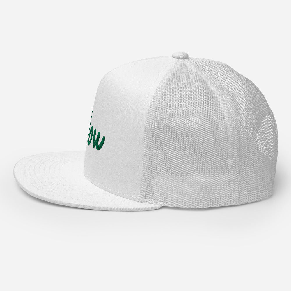 Now In Emerald Embroidery on 5 Panel Trucker Cap