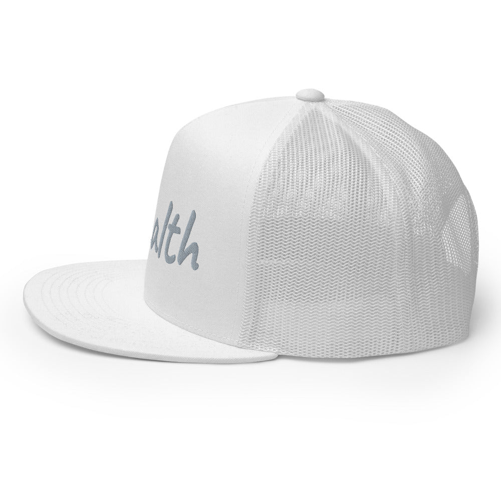 Wealth In Silver Embroidery on 5 Panel Trucker Cap