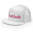 Gratitude In Star Rose Quartz Embroidery on 5 Panel Trucker Cap