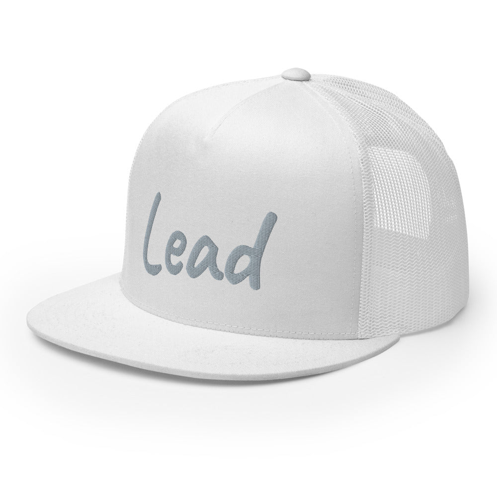 Lead In Silver Embroidery on 5 Panel Trucker Cap