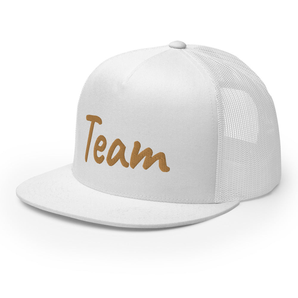 Team In Celluloid Embroidery on 5 Panel Trucker Cap