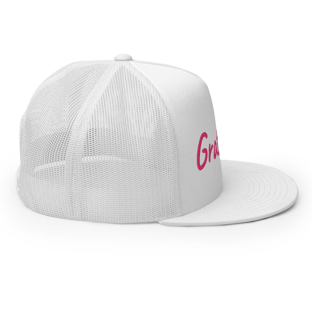 Gratitude In Star Rose Quartz Embroidery on 5 Panel Trucker Cap