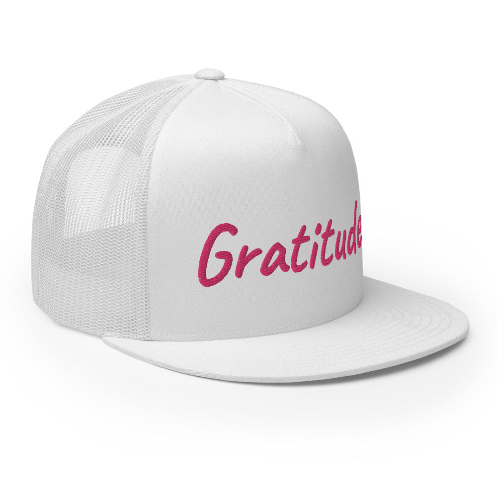 Gratitude In Star Rose Quartz Embroidery on 5 Panel Trucker Cap