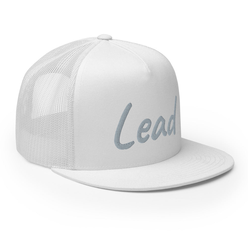 Lead In Silver Embroidery on 5 Panel Trucker Cap