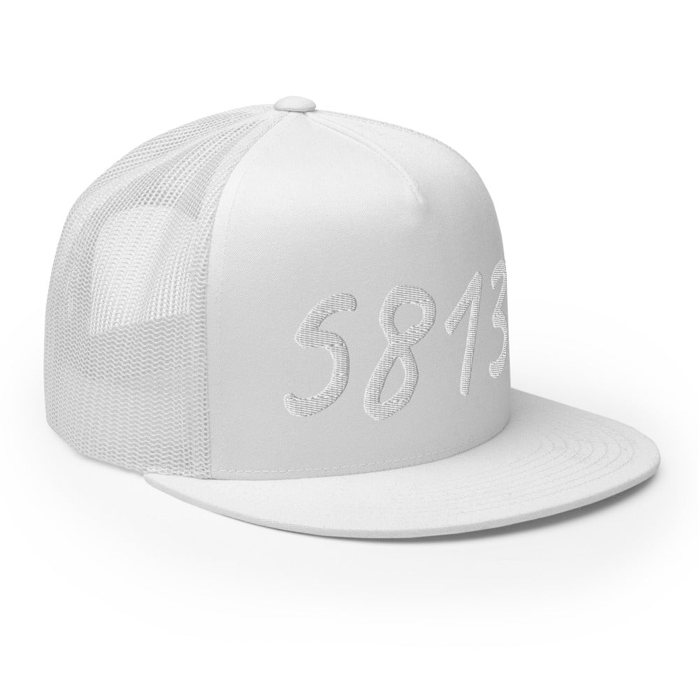 5813 In Pearl Embroidery on 5 Panel Trucker Cap