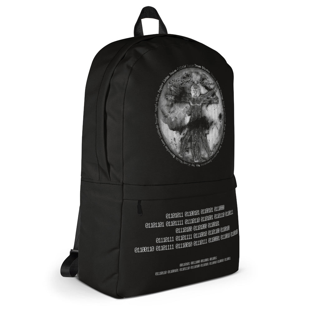 Binary Instructions To Keep Moving The World Forward With Vitruvian Earth In White on Backpack