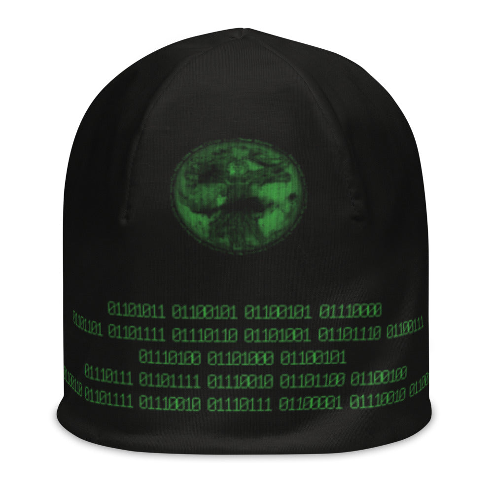 Binary Instructions To Keep Moving The World Forward With Vitruvian Earth In Green on Original Beanie