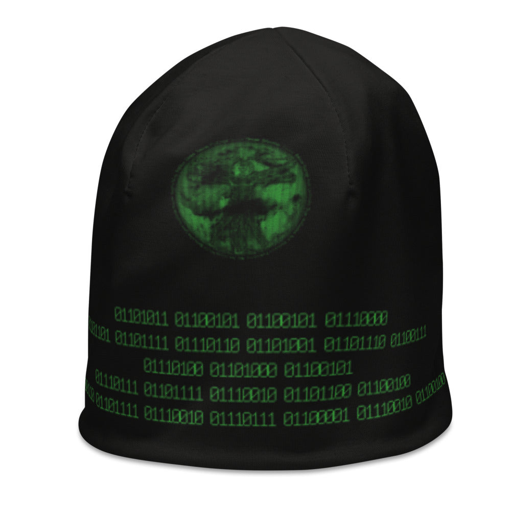 Binary Instructions To Keep Moving The World Forward With Vitruvian Earth In Green on Original Beanie