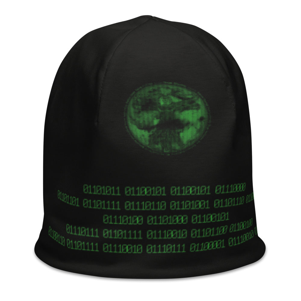 Binary Instructions To Keep Moving The World Forward With Vitruvian Earth In Green on Original Beanie