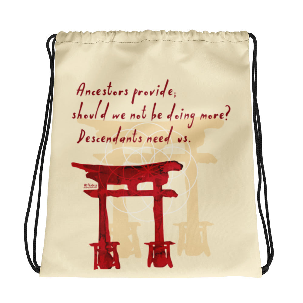 Descendants Need Ancestors Haiku With Pagoda on Drawstring Bag