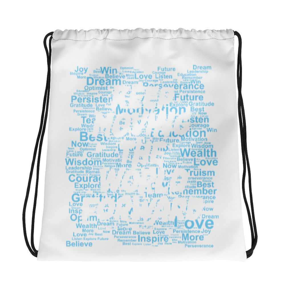 Word Clouds To Keep Moving The World Forward Through Blue Word Sky on Drawstring Bag