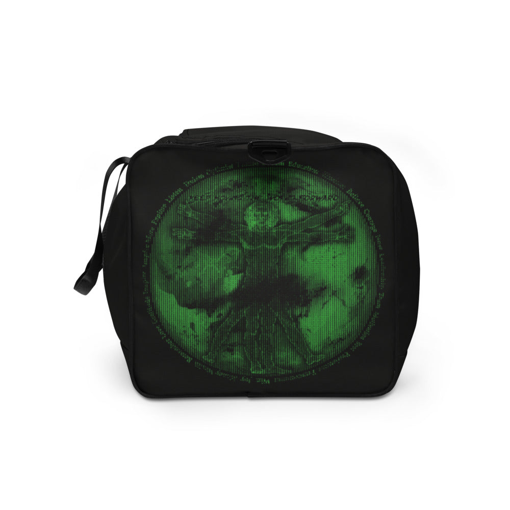 Binary Instructions To Keep Moving The World Forward With Vitruvian Earth In Green on Duffel Bag