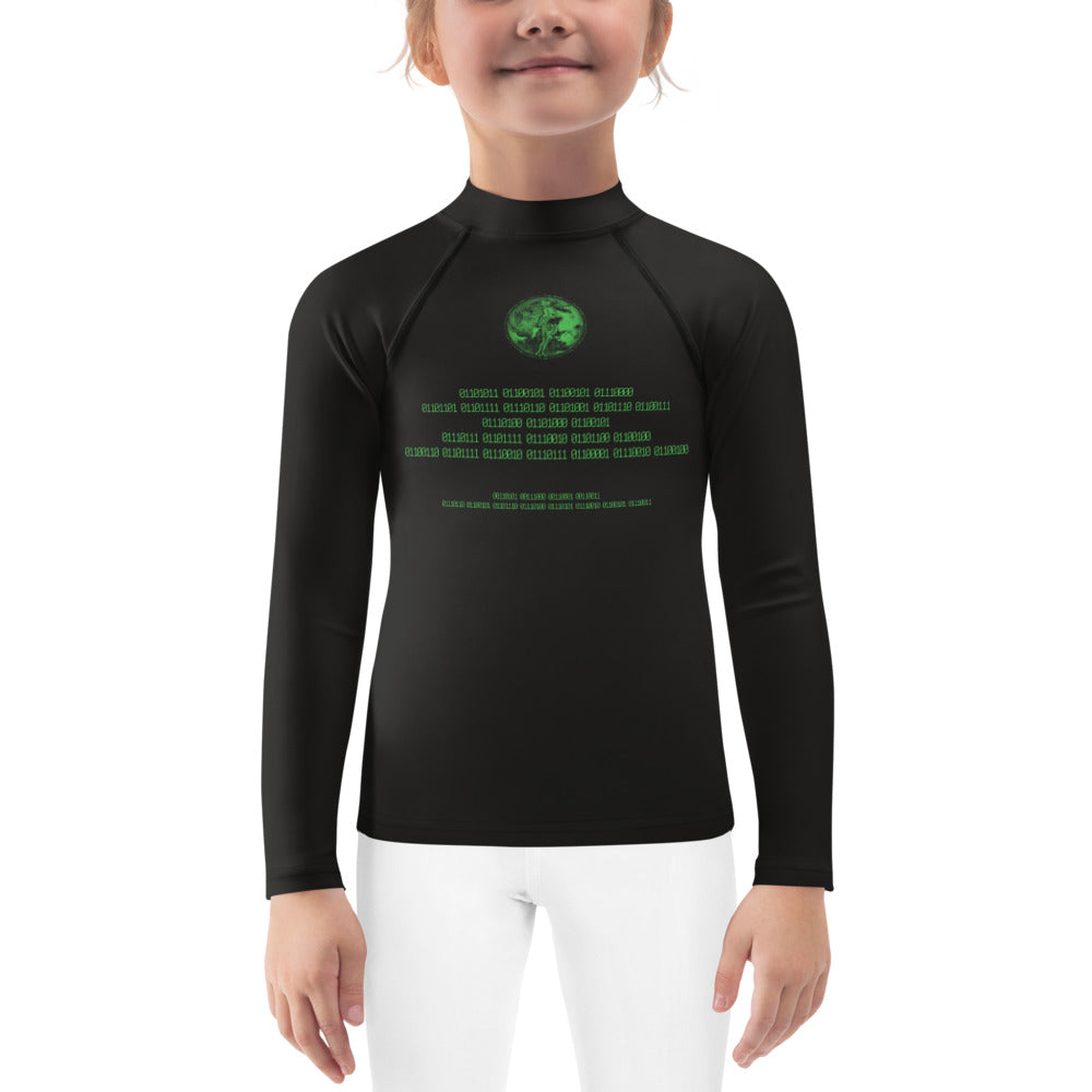 Binary Instructions To Keep Moving The World Forward With Venusian Earth In Green on Kids Rash Guard