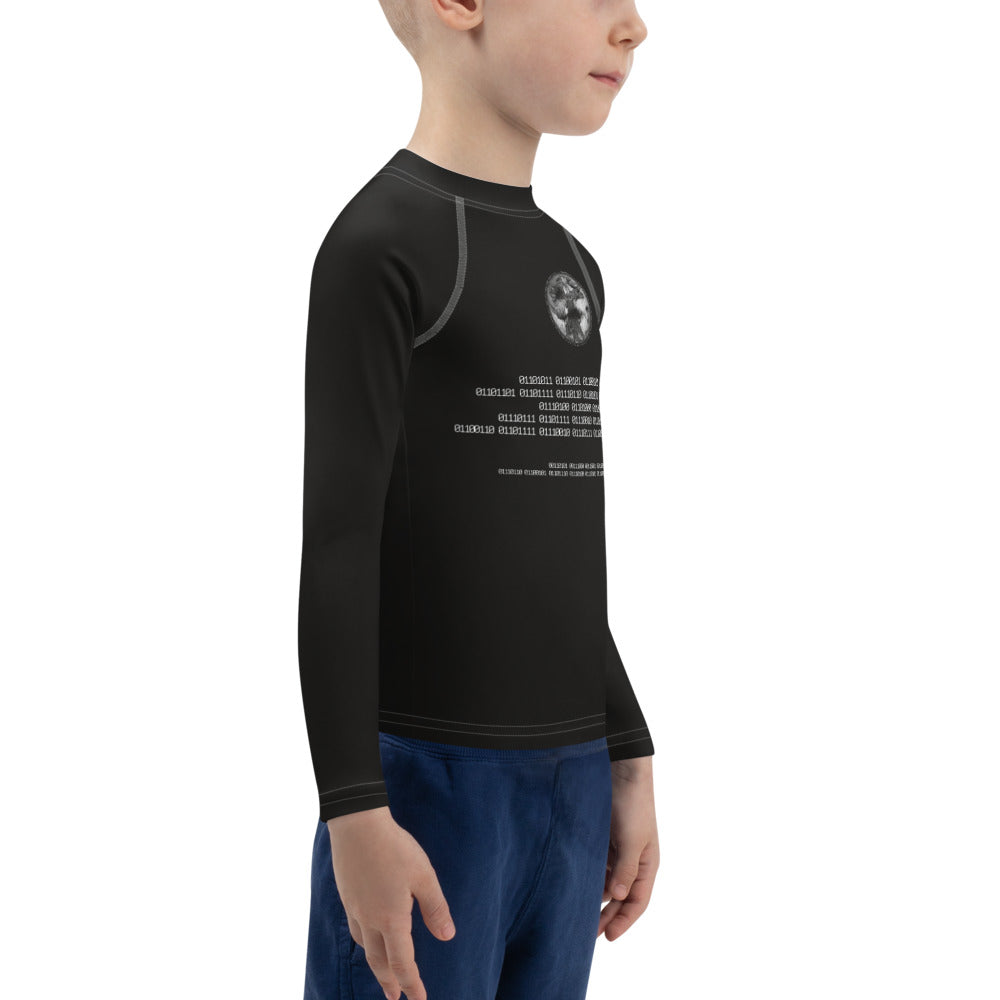 Binary Instructions To Keep Moving The World Forward With Vitruvian Earth In White on Kids Rash Guard