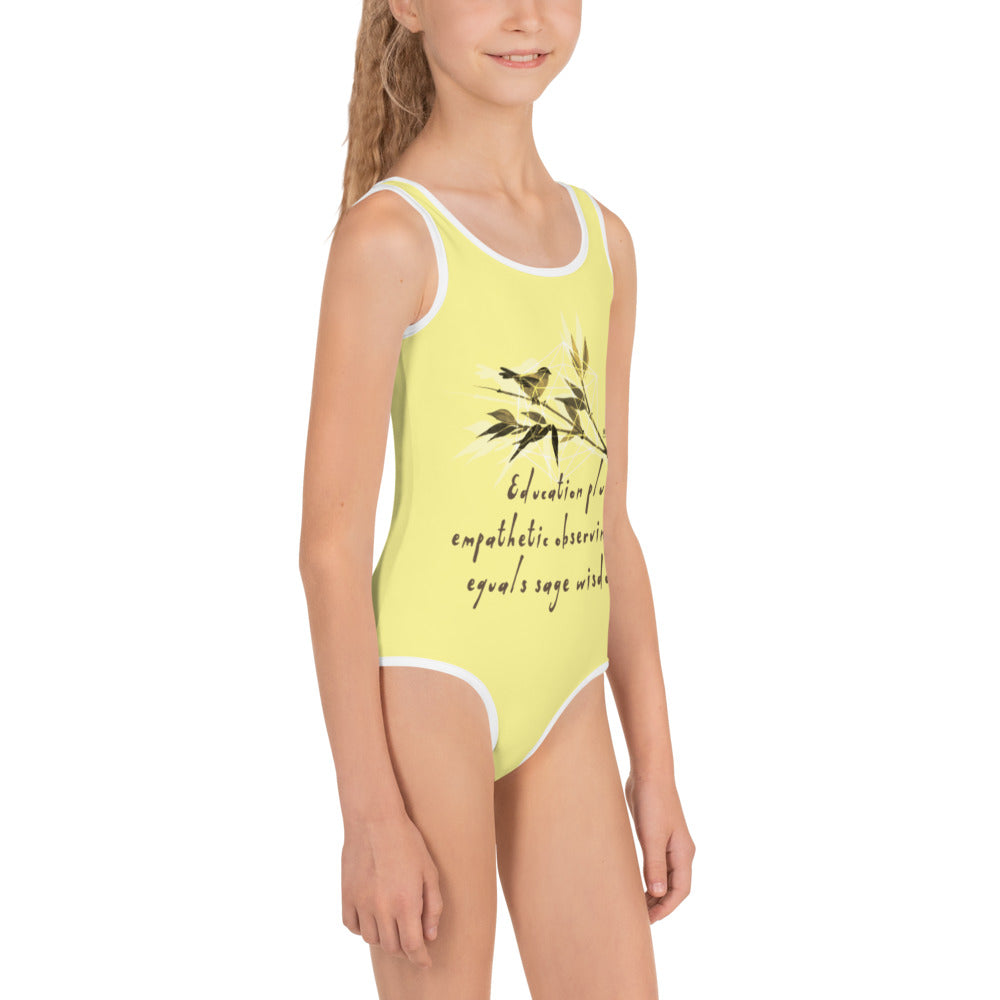 Sage Wisdom Haiku With Sparrow on Kids One-Piece Swimsuit