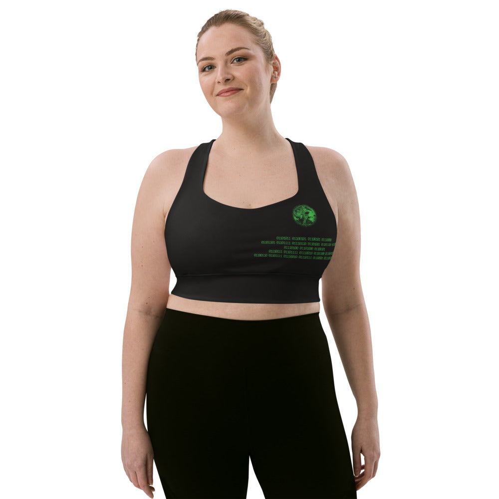 Binary Instructions To Keep Moving The World Forward With Venusian Earth In Green on Longline Sports Bra