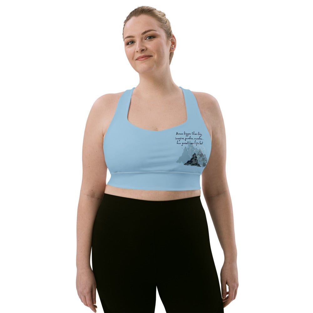 Dream Bigger Haiku With Mountains on Longline Sports Bra