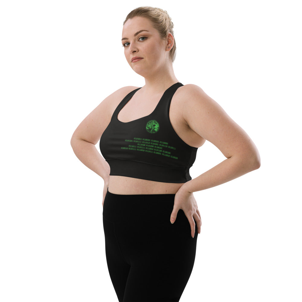 Binary Instructions To Keep Moving The World Forward With Venusian Earth In Green on Longline Sports Bra