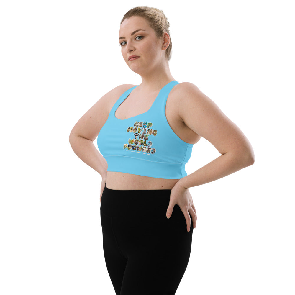 Baby Animals Keep Moving The World Forward In Blue on Longline Sports Bra