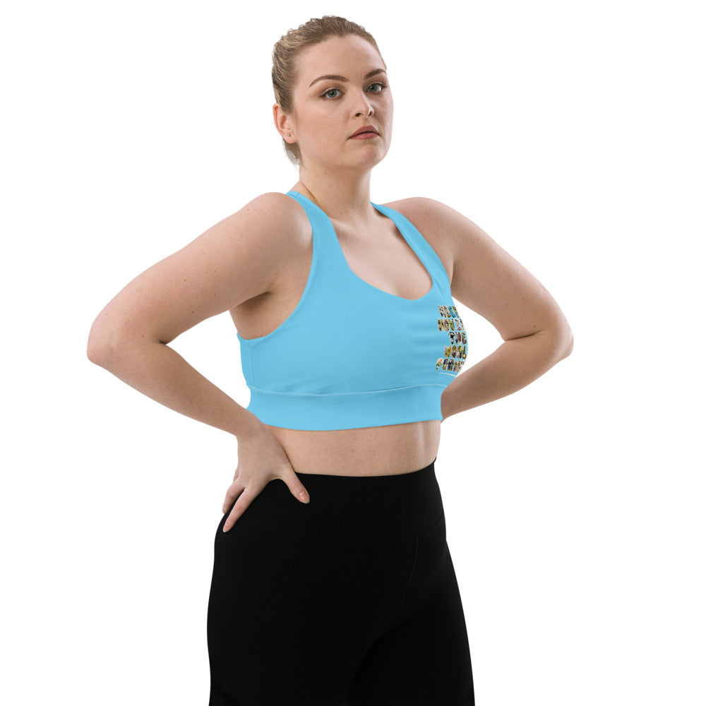 Baby Animals Keep Moving The World Forward In Blue on Longline Sports Bra