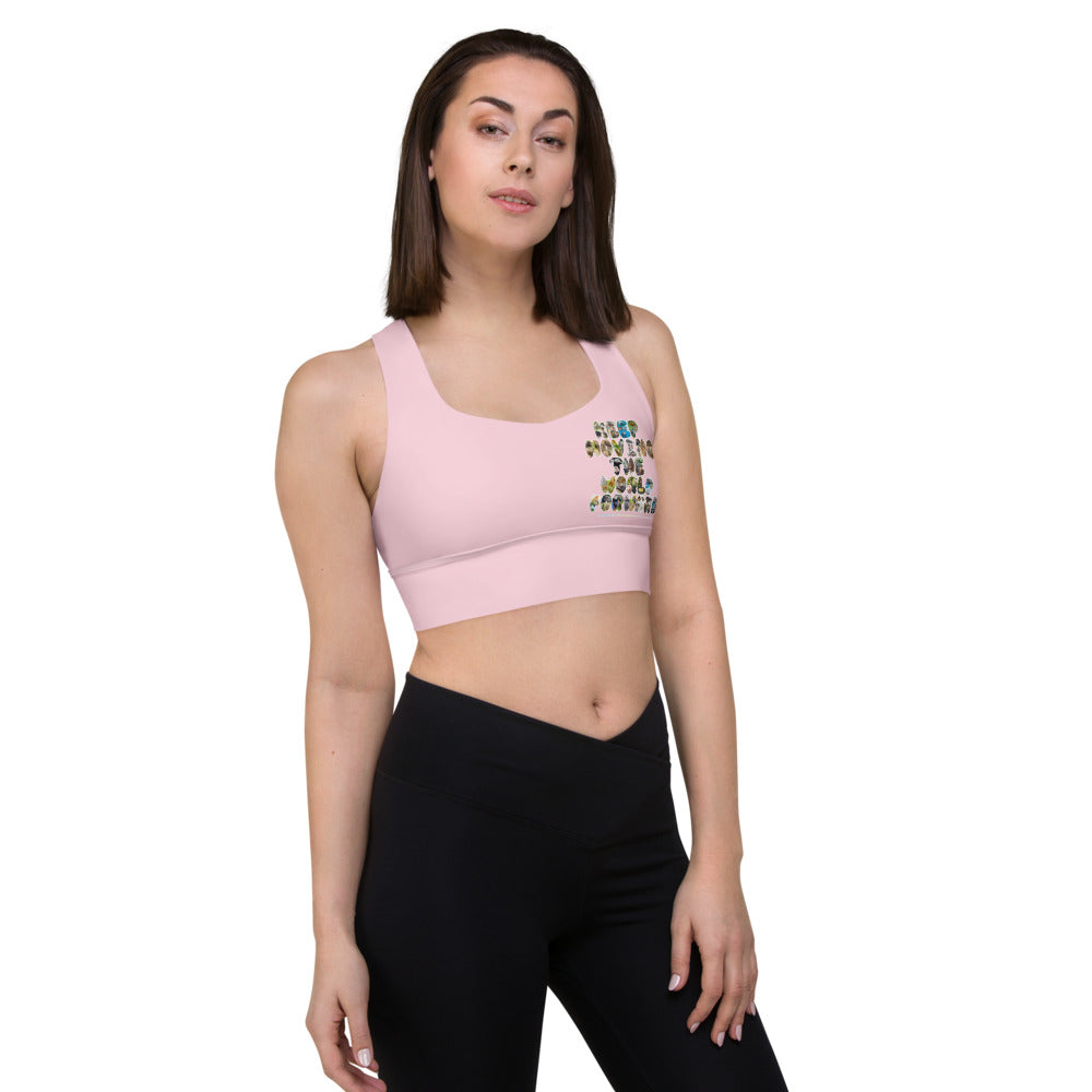 Baby Animals Keep Moving The World Forward In Pink on Longline Sports Bra