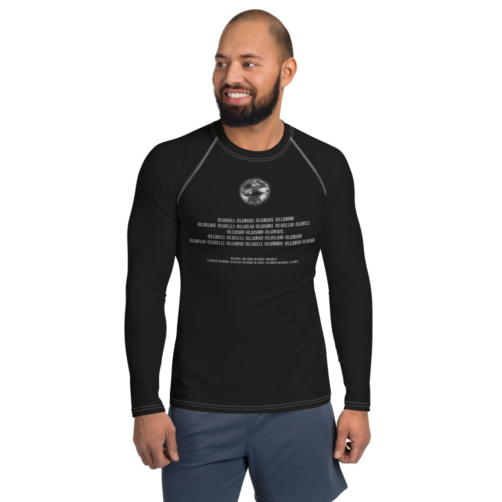 Binary Instructions To Keep Moving The World Forward With Vitruvian Earth In White on Men's Rash Guard